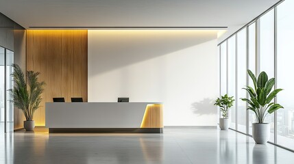 Poster - Empty office lobby with a modern reception desk, symbolizing a welcoming business environment.
