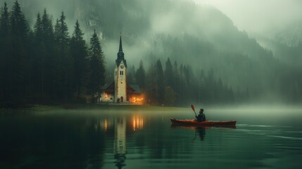 A man kayaking in still lake water with forest and church