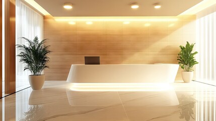 Poster - Empty office lobby with a modern reception desk, symbolizing a welcoming business environment.