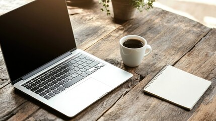 Empty workspace with a cup of coffee, a laptop, and a notepad, ready for a productive day of business.