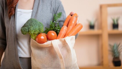 Totebag with Eco-Friendly with Tomato, Carrot, Brocolli, Shopping at Store Market Suitable for Web, Apps, Presentation, or Printable Meaning