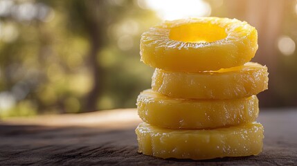 Freshly cut pineapple rings stacked on top of each other, revealing their juicy and sweet interior.