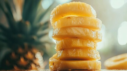 Freshly cut pineapple rings stacked on top of each other, revealing their juicy and sweet interior.