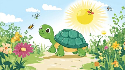 A cartoon turtle slowly walking on a garden path, with flowers and insects buzzing around in the bright sun.