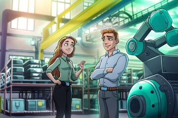 Male and female engineers discussing robotics technology in modern industrial manufacturing automation facility, illustration