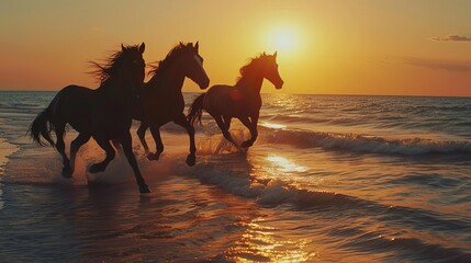 Sticker - wild horses galloping on beach at sunset majestic freedom and untamed spirit cinematic seascape