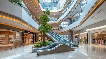 Interior of a contemporary shopping mall with open spaces, natural light, and modern decor.