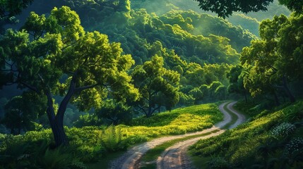 Wall Mural - winding road through lush green forest dense foliage majestic trees vibrant shades digital painting