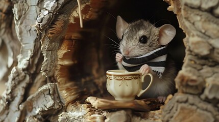 Wall Mural - Inside a hollowed out tree trunk a tiny mouse wearing a striped scarf sipping tea at a pine table