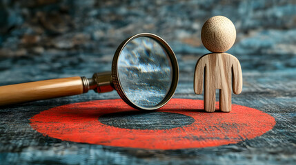 Illustration of Magnifying Glass and Wooden Figure on Red Circle - Business Concept