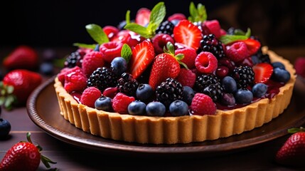 A close-up shot of a mixed berry tart, with a golden crust and a rich, colorful filling featuring strawberries, blueberries, and raspberries, garnished with mint leaves.