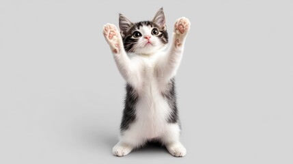 A cat stands up with two front paws up, full body and tail, on transparency background PSD