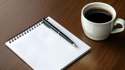 Office desk with a blank notepad, pen, and a cup of coffee, waiting for a business plan to be written.