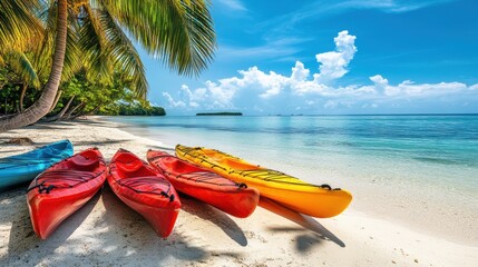 Poster - Kayak boat in tropical beach with coconut tree