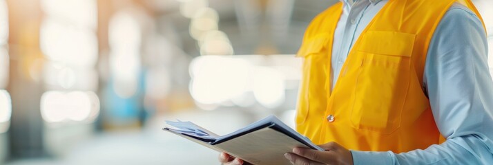 Wall Mural - Construction worker wearing a yellow hard hat and safety vest, carefully studying architectural blueprints at a building site with an industrial background.