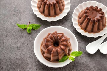 Chocolate pudding with mint leaf, served on a small white plate
