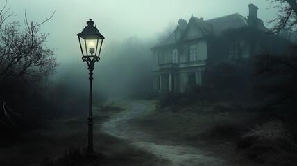  A dark, eerie scene with a house and a lamp post