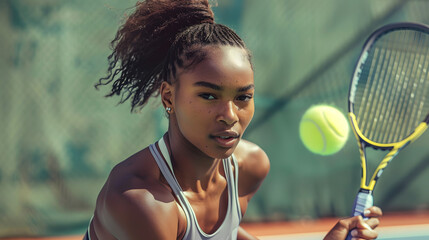 Focused young African American female player with racket in hands standing on court and exercise for fitness