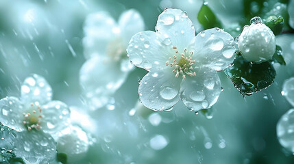 Wall Mural - A close-up of white flowers with raindrops on petals, creating a serene and refreshing atmosphere.