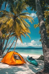 Poster - Kayak boat in tropical beach with tent coconut tree