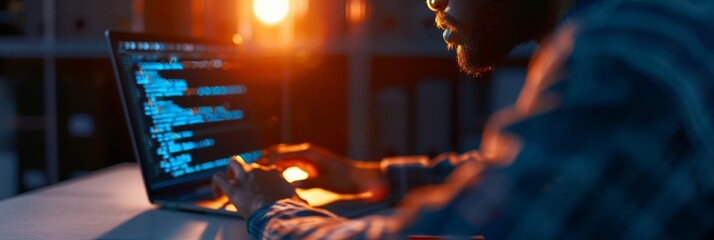 Close-up of a programmer working on code on their laptop in a dimly lit room.