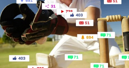 Poster - animation of social media icons with growing numbers over caucasian male cricket player