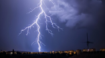 A powerful bolt of lightning strikes the night sky above a city.