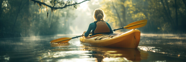 Wall Mural - A woman kayaking in still lake water in a foggy morning with woods