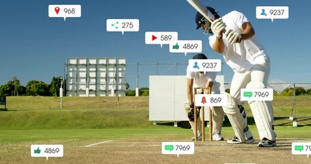 Poster - Animation of social media icons with growing numbers over caucasian male cricket players