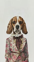 Wall Mural - Beagle costumes wearing vintage lady fashion outfit surrealism portrait animal canine.