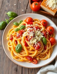 a close up of a plate of pasta with tomatoes and cheese.