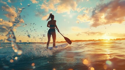 Wall Mural - A female doing paddleboarding in sea water at sunset