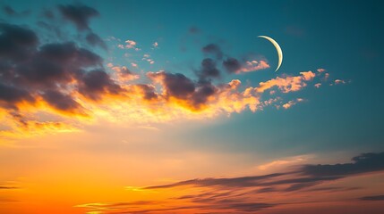 Wall Mural - Golden Sunset with a Crescent Moon