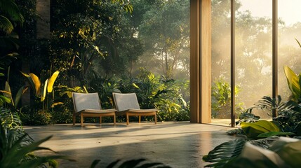 Three-dimensional render of wooden terrace surrounded by glass wall and green garden, decorated with tropical birds and trees, and illuminated by the afternoon sun