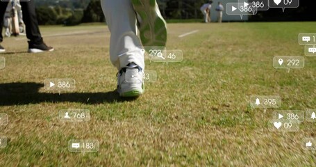 Poster - animation of social media icons with growing numbers over diverse male cricket players