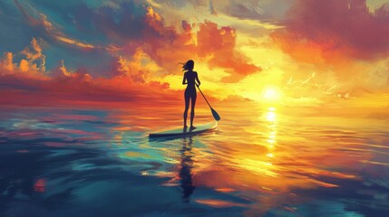 Poster - A female doing paddleboarding in sea water at sunset