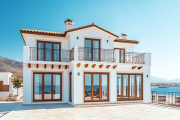 On a sunny day, a luxurious country house facade framed by a wide outdoor terrace.