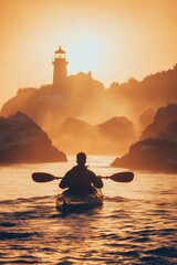 Poster - A kayaker boating in shallow rocky sea with lighthouse