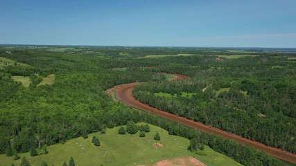 Sticker - Aerial footage of a muddy river flowing through dense greenery in a rural village in PEI, Canada