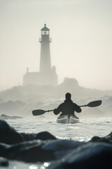 Wall Mural - A kayaker boating in shallow rocky sea with lighthouse