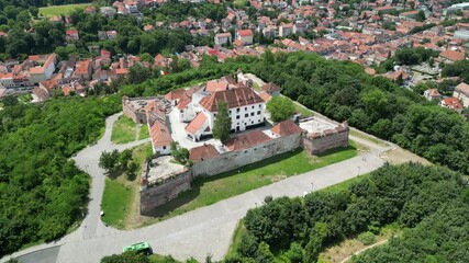 Sticker - Aerial footage of the Fortress-on-Straja (Cetatuia de pe Straja) on a sunny day in Brasov, Romania