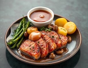 there is a plate of food with meat, potatoes, and asparagus.