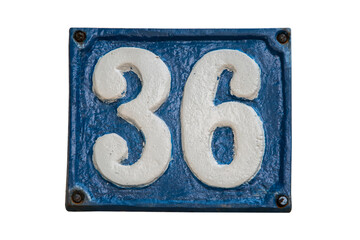 Wall Mural - Old retro weathered cast iron plate with number 36 isolated on white background