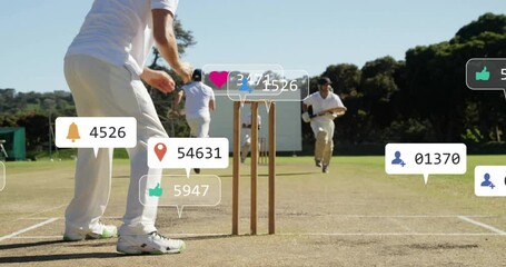 Poster - animation of social media icons with growing numbers over diverse male cricket players