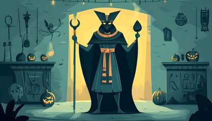 Wall Mural - of an ancient Egyptian priest performing a spooky Halloween ritual summoning supernatural spirits in a flat pastel colored cartoon drawing style