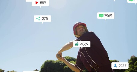 Poster - animation of social media icons with growing numbers over caucasian male baseball player