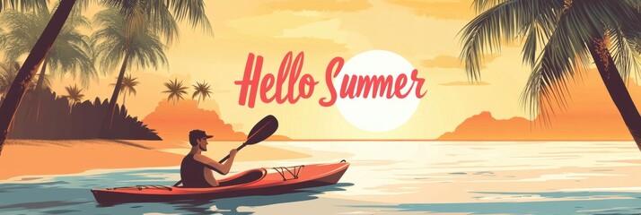 Clip art summer poster of a person kayaking in tropical sea with coconut tree. Hello Summer.