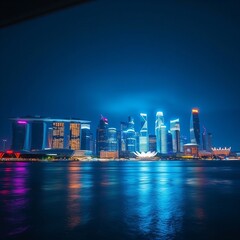 arafly lit city skyline at night with a boat in the water.