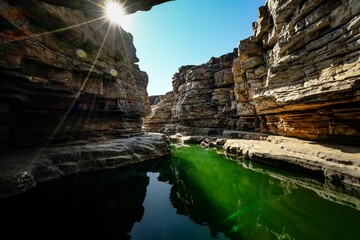 Wall Mural - Sunlit canyon with green water