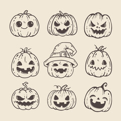 Wall Mural - halloween pumpkin icons set. halloween pumpkin coloring page for kids. black and white illustration.